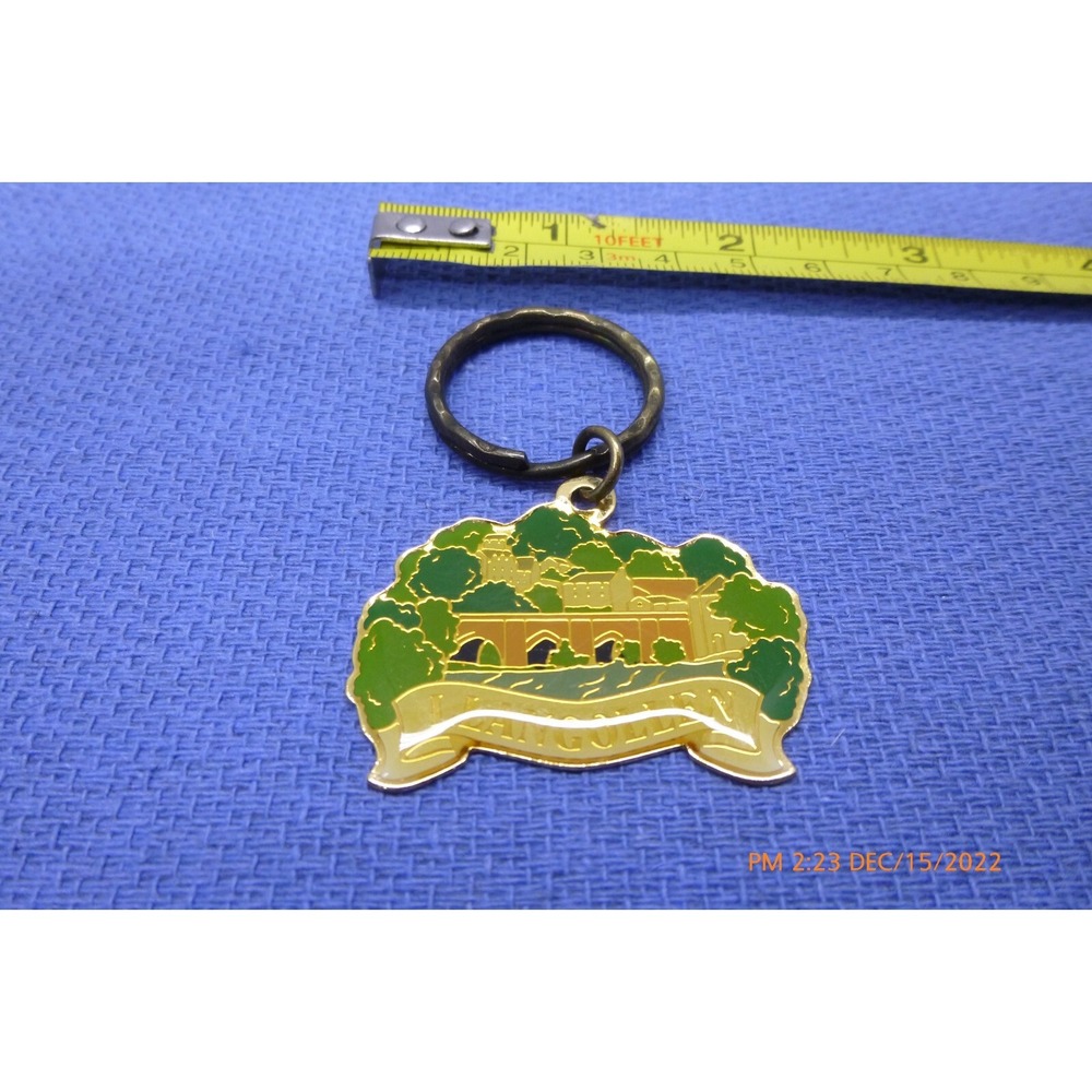 Llangollen Wales Souvenir Key Chain Ring Enameled Bridge Scene Gold Tone Metal